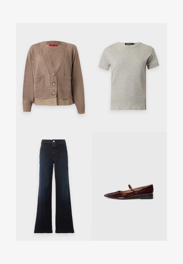 Cardigan en maille taupe avec trois boutons, deux poches avant, poignets et ourlet côtelés, superposé à un ourlet de chemise assortie.; T-shirt en coton gris clair à manches courtes et col rond avec une étiquette noire visible à l'intérieur du col indiquant "DENIM" et la taille "S."; Jean bleu foncé taille haute, jambe large, avec poches plaquées devant, passants pour ceinture et fermeture par bouton sur fond uni clair.; Ballerines en cuir verni bordeaux de type Mary Jane avec un bout pointu, un talon plat et une sangle décorative avec une boucle circulaire.