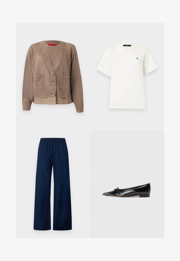 Cardigan en maille taupe avec trois boutons, deux poches avant, poignets et ourlet côtelés, superposé à un ourlet de chemise assortie.; T-shirt blanc à manches courtes avec col rond, petit logo papillon noir sur le côté gauche de la poitrine et étiquette noire à l'intérieur du col.; Pantalon bleu marine à jambes larges avec taille élastique et devant plat, en tissu léger.; Chaussure plate en cuir verni noir avec un bout pointu, une petite lanière décorative et un petit talon carré. Texture lisse et design épuré.