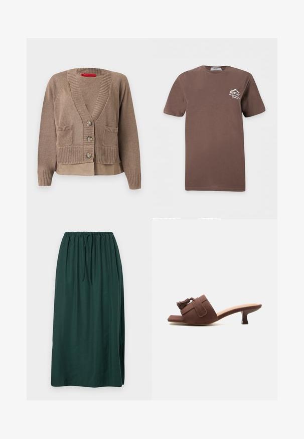 Taupe strikket cardigan med tre knapper, to forlommer, ribbet manchetter og kant, lagdelt over en matchende skjorte.; Brun kortærmet T-shirt med rund hals og lille hvid Replay-logo og tekst på venstre brystområde.; Lang, mørkegrøn nederdel lavet af glat stof, med en elastisk talje og snøre, samt en sideslids for øget bevægelse.; Brun ruskind mule med mellemhøj kattedyrhæl, firkantet tå og kvastdetalje på den brede rem over foden.