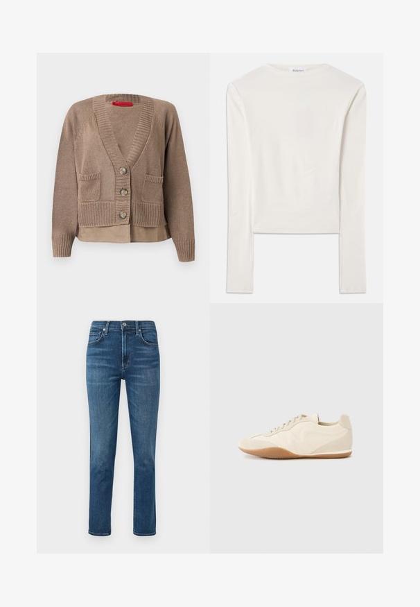 Taupe strikket cardigan med tre knapper, to forlommer, ribbet manchetter og kant, lagdelt over en matchende skjorte.; Hvid langærmet top lavet af bomuld, med en simpel rund hals og en slim fit. Stof er glat med en let stræk.; Mørkeblå denim jeans med lige ben, fem-lomme design og en metalknap i taljen. Diskret falming og syninger.; Lyse beige sneakers med en tekstureret læderoverdel, teksturerede sider og en gummisål. Har et slankt, strømlinet design og flade snørebånd.