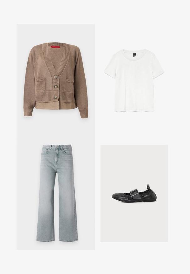 Cárdigan de punto color topo con tres botones, dos bolsillos delanteros, puños y dobladillo acanalados, superpuesto sobre un dobladillo de camisa a juego.; Camiseta blanca de manga corta con un cuello redondo, hecha de tejido ligero. Diseño simple, textura suave y dobladillo recto.; Jeans de pierna ancha gris claro, hechos de mezclilla con un acabado desgastado. Presentan cinco bolsillos, pasadores para cinturón y un cierre con botón delantero.; Zapato plano de cuero negro con una gran hebilla plateada y laterales elásticos sobre fondo blanco liso.