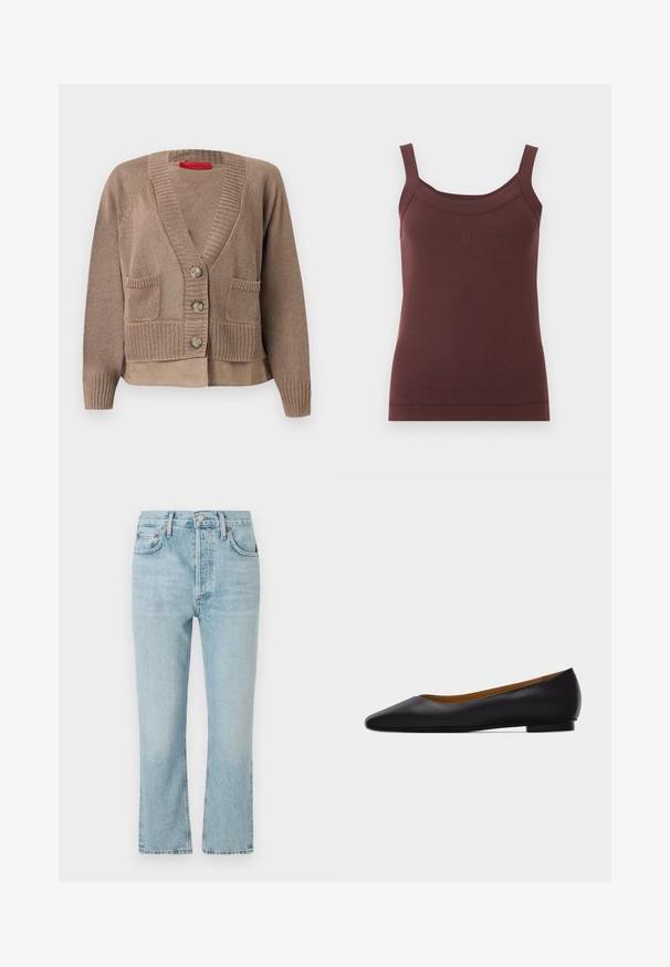Taupefarbener Strickcardigan mit drei Knöpfen, zwei Fronttaschen, gerippten Bündchen und Saum, geschichtet über einem passenden Hemdsaum.; Ärmelloses braunes geripptes Tanktop mit quadratischem Ausschnitt und dezent eingesticktem Logo vorne in der Mitte.; Helles blaues Denim-Jeans mit geradem Bein, ausgestattet mit fünf Taschen, Knopfverschluss und ausgewaschenem Design. Die Ränder sind sauber gesäumt.; Schwarzer flacher Schuh aus Leder mit spitz zulaufender Vorderkappe, niedrigem Absatz und glatter Oberfläche, von der Seite vor einem hellgrauen Hintergrund dargestellt.