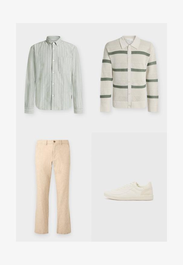 Cardigan en tricot crème avec des rayures horizontales vertes, devant boutonné, col et motif ajouré sur toute la pièce.; Chemise boutonnée verte rayée en tissu léger, dotée d'une poche poitrine unique et de rayures blanches verticales avec des poignets à boutons.; Pantalon en lin beige à coupe droite avec fermeture par bouton et zip, passants de ceinture et poches avant sur fond blanc.; ALDO THEPITCH - Baskets basses - white