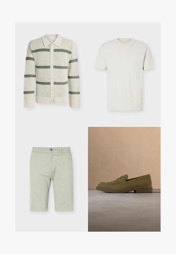 Cardigan en tricot crème avec des rayures horizontales vertes, devant boutonné, col et motif ajouré sur toute la pièce.; T-shirt à manches courtes couleur blanc cassé uni avec col rond et logo discret sur le côté gauche de la poitrine, présenté sur un fond blanc uni.; Shorts gris clair longueur genou avec fermeture à bouton et zip, passants de ceinture et poches avant, présenté sur un fond blanc uni.; Mocassin en daim marron flottant au-dessus d'un tapis beige texturé dans un salon avec une table basse en bois et des livres empilés.