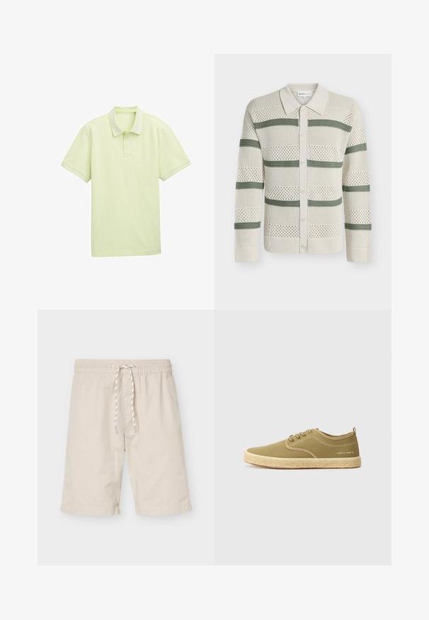 Cárdigan de punto crema con rayas horizontales verdes, cierre de botones en el frente, cuello y patrón de tejido abierto en toda la prenda.; Polo de color verde claro, de manga corta, fabricado en tejido suave, con tres botones en la parte frontal, detalles de rayas blancas en el cuello y los bordes de las mangas. Logotipo sencillo en la parte delantera.; Pantalones cortos beige hasta la rodilla con cintura elástica y cordón blanco con puntos negros, dispuestos planos sobre fondo blanco.; Zapatillas de lona verde oliva con suela de fibra natural texturizada, costuras blancas y un detalle lateral minimalista. Diseño clásico con cordones.