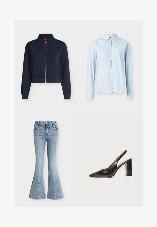 Veste matelassée bleu marine avec fermeture éclair complète devant, col, manches longues et poignets ajustés, courte à la taille.; Chemise bleu clair à manches longues avec rayures blanches verticales, boutonnée à l'avant, col pointu et petit logo sur la poitrine.; Jean en denim bleu clair taille haute avec un lavage délavé, poches avant, fermeture par bouton et zip, et jambes évasées style pattes d'éléphant.; Chaussure slingback en cuir noir à bout pointu avec un talon bloc haut et une doublure intérieure beige sur un fond clair uni.