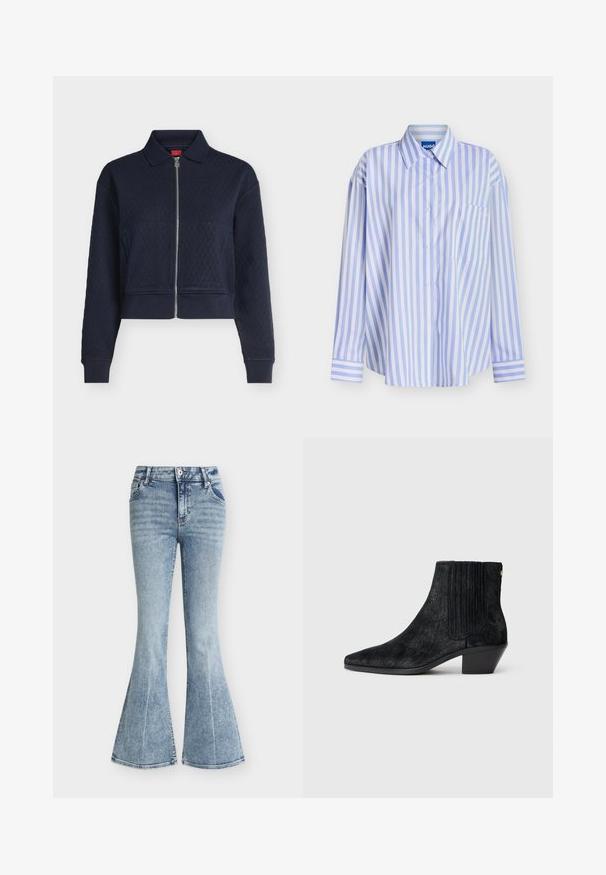 Veste matelassée bleu marine avec fermeture éclair complète devant, col, manches longues et poignets ajustés, courte à la taille.; Chemise à manches longues boutonnée avec rayures verticales bleu clair et blanches, col pointu et poche poitrine avec broderie blanche subtile.; Jean en denim bleu clair taille haute avec un lavage délavé, poches avant, fermeture par bouton et zip, et jambes évasées style pattes d'éléphant.; Bottine noire à bout pointu, en matériau texturé imitant les cheveux, avec un panneau latéral à nervures et un petit talon carré. Un design simple et moderne.