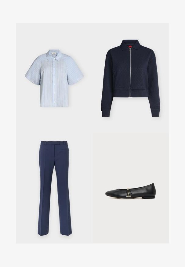 Veste matelassée bleu marine avec fermeture éclair complète devant, col, manches longues et poignets ajustés, courte à la taille.; Chemise bleu clair à manches courtes, boutonnée, avec des rayures verticales beige et blanches et un col classique sur fond blanc.; Pantalon bleu marine à jambes droites, avec une texture lisse, des passants pour ceinture et deux poches avant.; Chaussure plate en cuir noir avec bout arrondi et petit détail de boucle dorée sur le côté, présentée sur un fond clair uni.