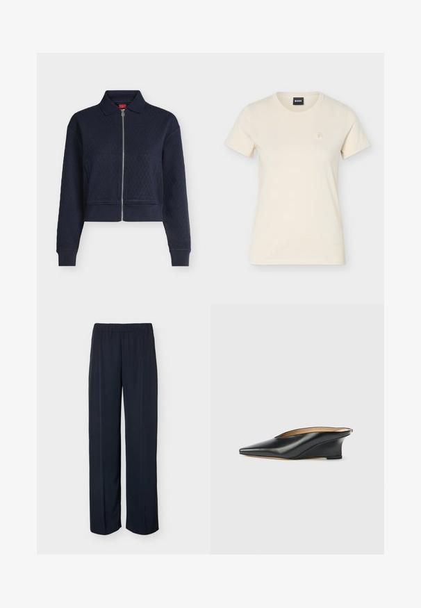 Veste matelassée bleu marine avec fermeture éclair complète devant, col, manches longues et poignets ajustés, courte à la taille.; T-shirt à manches courtes couleur crème, col rond, avec petit logo brodé sur le côté gauche de la poitrine et étiquette noire "BOSS" à l'intérieur du col.; Pantalon droit bleu marine foncé avec taille élastique et détail subtil de pli avant, présenté sur un fond uni.; Chaussure compensée en cuir verni noir avec un bout pointu et un dos ouvert, présentant un design élégant et courbé ainsi qu'un style minimaliste.