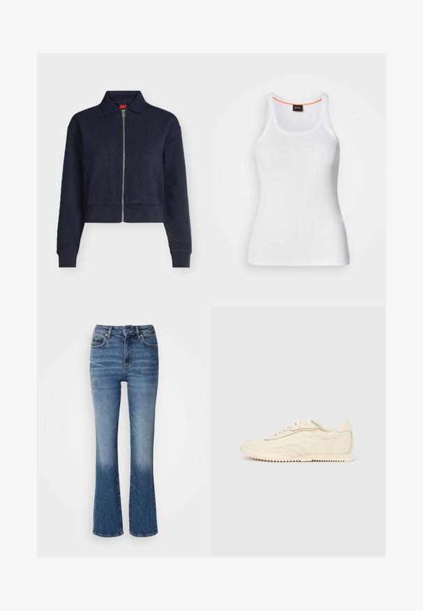 Marineblaue gesteppte Jacke mit durchgehendem Reißverschluss vorne, Kragen, langen Ärmeln und angepassten Bündchen, taillenkurz geschnitten.; Weißes, geripptes Tanktop mit rundem Ausschnitt, das ein schmales Trägerdesign und einen orangefarbenen Akzent entlang des inneren Ausschnitts aufweist. Markenlogo sichtbar.; Denim-Jeans im Schlag-Stil in einem hell- bis dunkelblauen Farbverlauf, mit hoher Taille, fünf Taschen und leichter Ausbleichung an den Unterschenkeln.; Niedrig geschnittener, cremefarbener Sneaker mit wellenförmiger Naht, Schnürverschluss und einer profilierten Sohle, seitlich auf einem einfarbigen Hintergrund dargestellt.