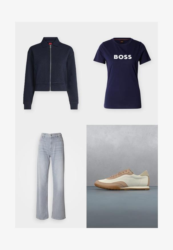 Marineblå quiltet jakke med fuld lynlås foran, krave, lange ærmer og tætsiddende manchetter, afkortet i taljen.; Mørkeblå kortærmet t-shirt med rund hals og fedt hvidt "BOSS"-tryk i midten foran.; Lys grå vidde jeans med høj talje, lavet af denim. Har forlommer, lynlås og subtil falmen over det hele.; Sneaker i creme og beige med tekstureret overdel, snørebånd og gummisål, vist oven på en træoverflade med småsten.