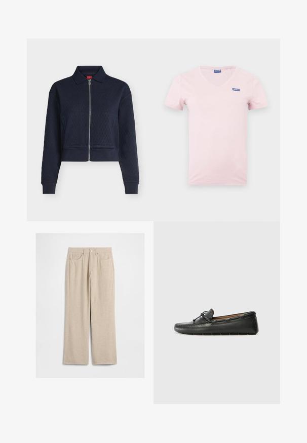 Veste matelassée bleu marine avec fermeture éclair complète devant, col, manches longues et poignets ajustés, courte à la taille.; T-shirt en coton rose avec un col en V et des manches courtes, arborant un logo "HUGO" bleu sur la poitrine gauche. Texture lisse et design simple.; Pantalon beige en velours côtelé à jambes larges avec poches avant, passants de ceinture et fermeture par bouton en métal.; Bateau en cuir noir avec un bout arrondi, des détails de couture, un petit accent en nœud et une semelle en caoutchouc. Texture lisse et design épuré.