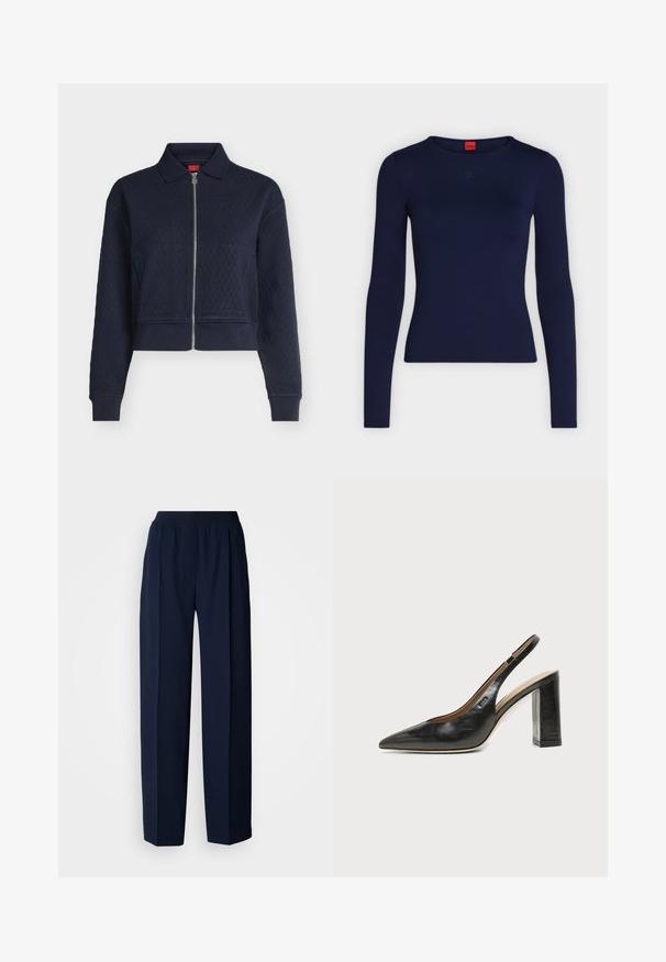 Veste matelassée bleu marine avec fermeture éclair complète devant, col, manches longues et poignets ajustés, courte à la taille.; Chemise ajustée bleu marine à manches longues avec un col rond et un logo discret au centre de la poitrine, étiquette rouge de la marque à l'intérieur du col.; Pantalon droit bleu marine avec taille élastique et pli avant, présenté sur un fond blanc uni.; Chaussure slingback en cuir noir à bout pointu avec un talon bloc haut et une doublure intérieure beige sur un fond clair uni.
