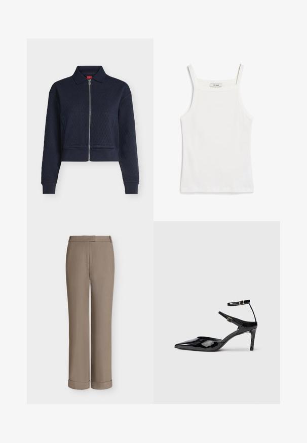 Veste matelassée bleu marine avec fermeture éclair complète devant, col, manches longues et poignets ajustés, courte à la taille.; Débardeur blanc à fines bretelles, en tissu de coton côtelé, avec un décolleté droit et une finition soignée à l'ourlet.; Pantalon habillé taupe à jambe droite avec passants pour ceinture, pli sur le devant et larges revers à l'ourlet, présenté sur fond blanc uni.; Talons en cuir verni noir avec un bout pointu, des sangles de cheville ajustables et un talon fin. Texture lisse avec une finition brillante.