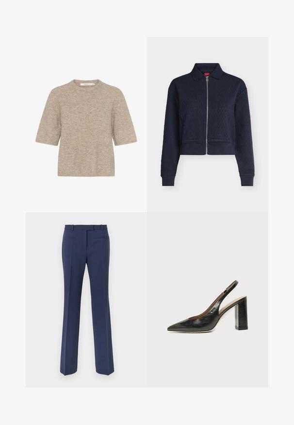 Chaqueta acolchada azul marino con cremallera completa en el frontal, cuello, mangas largas y puños ajustados, recortada a la altura de la cintura.; Suéter beige de manga corta hecho de un suave tejido de punto, con un escote redondo y un corte relajado. La textura es ligeramente peluda.; Pantalones azul marino con diseño de pierna recta, textura suave, presillas para cinturón y dos bolsillos delanteros.; Zapato slingback de piel negra con puntera puntiaguda, tacón alto y ancho, y forro interior beige sobre un fondo claro y liso.