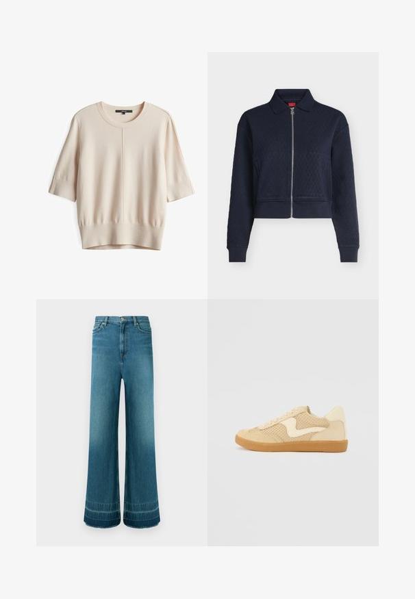Marineblauwe doorgestikte jas met volledige ritssluiting aan de voorkant, kraag, lange mouwen en aansluitende manchetten, kort tot op de taille.; Lichtbeige korte mouwen sweater met een ronde hals, ribgebreide manchetten en tailleband; heeft een gladde, gestructureerde brei en centrale naaddetails.; Blauwe spijkerbroeken met hoge taille en brede pijpen, voorzien van vijf zakken, knoopsluiting en subtiele vervaging nabij de zoom.; Beige sneaker van suede en mesh materialen, ronde vorm, opvallende gepolsterde kraag en een gumrubberen zool. Kenmerkt zich door een golvend ontwerp accent.