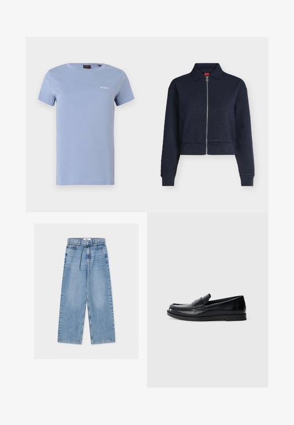 Veste matelassée bleu marine avec fermeture éclair complète devant, col, manches longues et poignets ajustés, courte à la taille.; T-shirt en coton bleu clair à manches courtes, col rond, avec le logo BOSS brodé en blanc sur le côté gauche de la poitrine. Texture douce, coupe décontractée.; Jean large bleu clair taille haute, fermeture par bouton et zip, poches avant et ceinture fine à cordon.; Mocassins en cuir noir avec un design d'accent cousu, bout rond, semelle plate en caoutchouc et finition lisse. Silhouette classique et polyvalente.