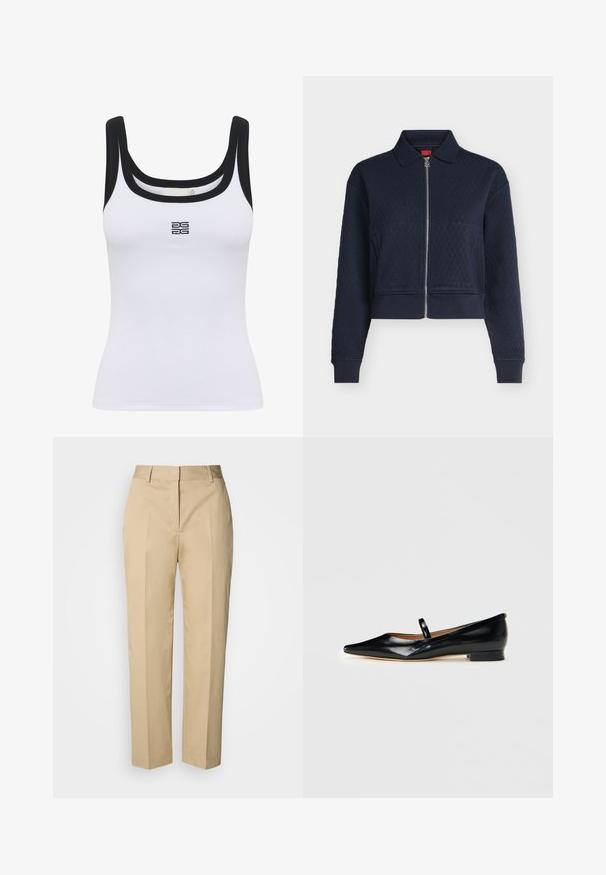Marineblå quiltet jakke med fuld lynlås foran, krave, lange ærmer og tætsiddende manchetter, afkortet i taljen.; Hvid ribbet tanktop med scoop halsudskæring og sort kant. Et logo er centreret på fronten. Stoffet ser blødt og tætsiddende ud.; Beige bukser med lige ben, bæltestropper, forreste pres, og skjult lukning, vist mod en lys baggrund.; Sorte patenterede læder Mary Jane flade sko med spids tå, én rem og lav hæl på ensfarvet baggrund.