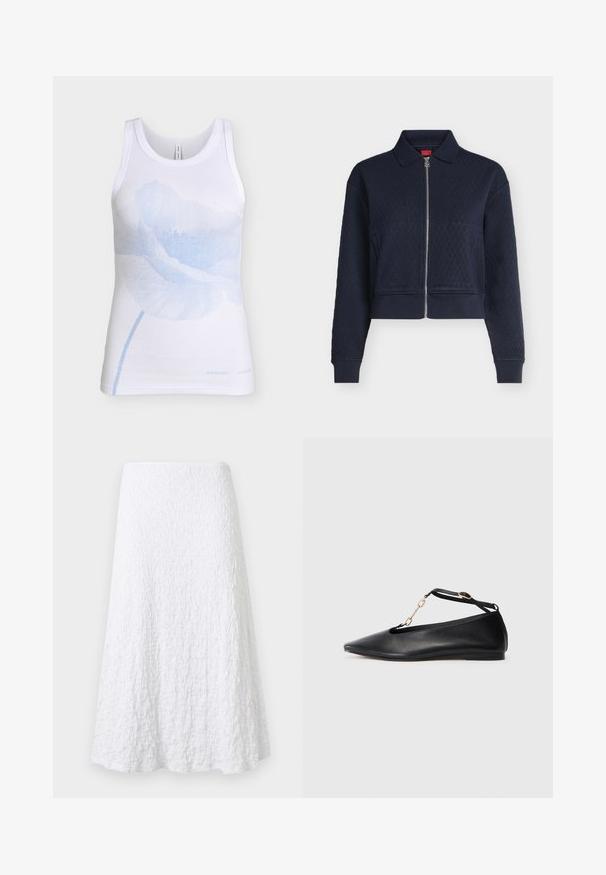 Veste matelassée bleu marine avec fermeture éclair complète devant, col, manches longues et poignets ajustés, courte à la taille.; Débardeur blanc côtelé sans manches avec un grand motif de fleur de coquelicot bleu clair centré sur le devant.; Jupe midi blanche texturée en ligne A avec tissu légèrement froissé et ourlet évasé.; Ballerines noires en cuir avec un bout pointu, un design découpé, une bride à la cheville et un accent en chaîne dorée. Texture lisse, talon minimal.
