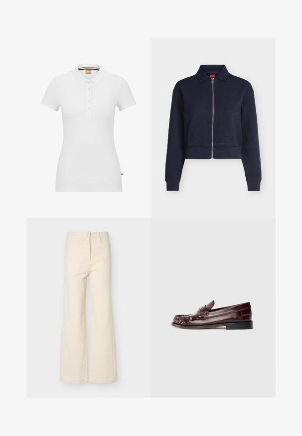 Marineblauwe doorgestikte jas met volledige ritssluiting aan de voorkant, kraag, lange mouwen en aansluitende manchetten, kort tot op de taille.; Witte polo shirt van katoen, met korte mouwen, een kraag en een knoopsluiting. Subtiel merkembleem geborduurd op de borst.; Crèmekleurige wijde broek met hoge taille, met knopen aan de voorkant, ritssluiting, riemlussen en subtiele textuur in de stof.; Bordeaux leren penny loafer met zwarte zool en goudkleurig metalen detail op de vamp, weergegeven in zijaanzicht op een witte achtergrond.