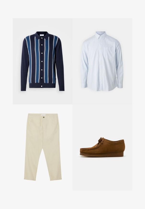 Dunkelblaues Langarm-Polo mit abwechselnd dünnen und dicken Streifen in Blau und Weiß. Verfügt über einen Knopfverschluss vorne und einen klassischen Kragen.; Hellblau gestreiftes Hemd im Button-up-Design, mit Kragen, langen Ärmeln und einer einzelnen Brusttasche. Aus Baumwollmaterial mit glatter Textur.; Beige Baumwollhose mit geradem Schnitt, frontalen Taschen und einem einzelnen Knopfverschluss. Knöchellang mit einer glatten Oberfläche.; Braune Wildlederschuhe mit runder Spitze und niedrigem Absatz, mit detaillierten Nähten entlang der Nähte und einer Schnürung auf der Vorderseite. Weiche Textur mit schlankem Design.