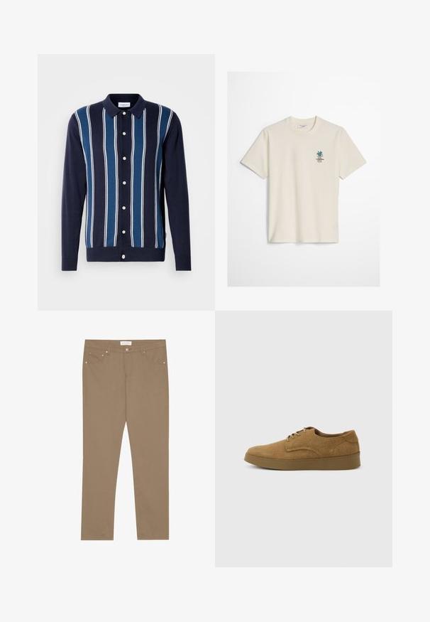 Polo de manga larga en azul marino con rayas alternas finas y gruesas en azul y blanco. Cuenta con un cierre de botones en la parte delantera y un cuello clásico.; Camiseta de manga corta color blanco hueso con pequeño logo de planta verde y texto en el pecho izquierdo, cuello redondo y ajuste regular.; Pantalones de algodón elásticos color beige con un diseño de pierna recta, estilo de cinco bolsillos y acentos de herrajes metálicos. Textura suave y detalles de costura clásica.; Zapato casual marrón de ante con cordones y suela de goma plana, visto de lado sobre un fondo claro y liso.