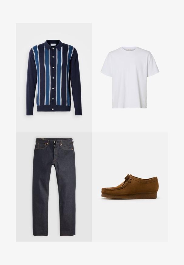 Dunkelblaues Langarm-Polo mit abwechselnd dünnen und dicken Streifen in Blau und Weiß. Verfügt über einen Knopfverschluss vorne und einen klassischen Kragen.; Schlichtes weißes T-Shirt mit kurzen Ärmeln, Rundhalsausschnitt, regulärer Passform und glatter Stoffstruktur, auf weißem Hintergrund dargestellt.; Dunkelblaue Jeans aus Denim mit geradem Bein, versehen mit orangefarbener Naht und klassischem Five-Pocket-Design. Verschluss mit Knopf und Reißverschluss.; Braune Wildlederschuhe mit runder Spitze und niedrigem Absatz, mit detaillierten Nähten entlang der Nähte und einer Schnürung auf der Vorderseite. Weiche Textur mit schlankem Design.