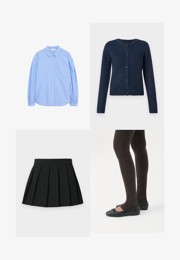 Cárdigan azul marino hecho de una suave tela texturizada, con un cuello redondo, mangas largas y seis botones negros en la parte delantera.; Camisa de botón de mangas largas azul claro con rayas verticales blancas, diseño de cuello, un bolsillo en el lado izquierdo del pecho y mangas abullonadas en los puños.; Falda corta de pliegues negra hecha de tela texturizada. Presenta una cinturilla y un sutil patrón de cuadros en toda la prenda. Longitud corta con pliegues en capas.; Piernas con leggings oscuros acanalados combinados con bailarinas negras que presentan pequeños detalles de lazo sobre un fondo blanco.