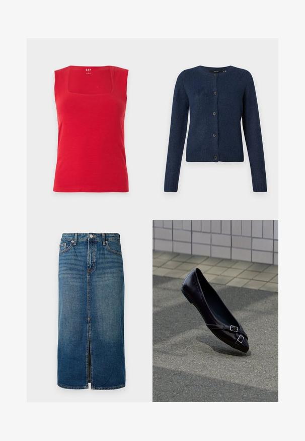 Gilet bleu marine en tissu doux et texturé, avec un col rond, des manches longues et six boutons noirs sur le devant.; Débardeur rouge en coton avec un décolleté carrée et des bretelles larges. Texture lisse, coupe ajustée et logo de la marque imprimé à l'intérieur.; Jupe midi en denim bleu foncé avec une fente à l'avant, cinq poches et des coutures contrastées. Elle dispose d'une fermeture par bouton et zip à la taille.; Ballerine plate noire à bout pointu avec deux petites boucles argentées flottant au-dessus de l'asphalte près d'un mur carrelé en arrière-plan.