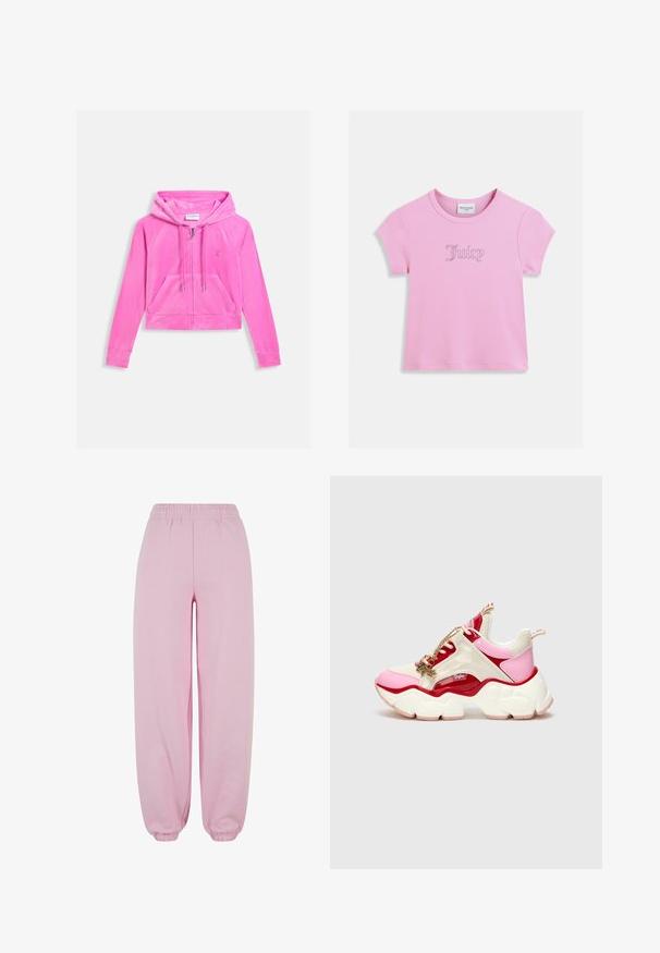 Sweat à capuche rose en velours avec fermeture éclair, poche avant, cordon de serrage à la capuche et petit logo brodé sur la poitrine.; T-shirt rose à manches courtes en coton, avec un logo "Juicy" pailleté en écriture cursive au centre. Texture lisse, encolure ronde.; Urban Classics Pantalon de survêtement - softpink; Baskets sportives avec une semelle blanche épaisse, présentant une combinaison de matériaux brillants en rose, rouge et beige, ainsi qu'un détail décoratif en chaîne dorée.
