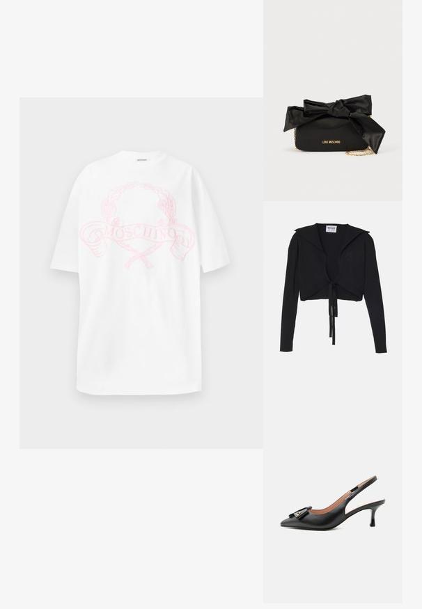 Schwarzer, gerippter, kurz geschnittener Pullover mit langen Ärmeln, weiter Kragen und vorderem Bindedetail. Verfügt über ein dezentes Herzlogo auf der Brust.; Weißes Baumwoll-T-Shirt mit einem rosa Grafikelement, das einen Lorbeerkranz und den Text "MOSCHINO" in der Mitte auf der Vorderseite zeigt. Kurze Ärmel, lockere Passform.; Schwarzer Leder-Slingback-Kitten-Heel mit spitzer Spitze und dekorativer Schleife mit kleinem goldenem Akzent auf schlichtem weißem Hintergrund.; Schwarze Satin-Handtasche mit einer großen Schleife oben, goldener Kettenriemen und eingeprägtem "LOVE MOSCHINO"-Logo auf der Vorderseite.
