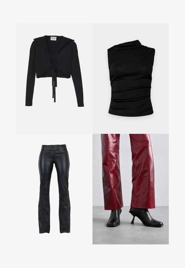 Sort ribbet cropped sweater med lange ærmer, bred krave og frontknude. Har et diskret hjerte-logo på brystet.; Sort ærmeløst top med asymmetrisk halsudskæring, der har samlet stof for tekstur og en tætsiddende silhuet. Glat, strækbart materiale.; Sorte læderbukser med slim fit, flad talje og udskæring i bunden. Glat tekstur og minimalistisk design uden synligt hardware.; Sorte ankelstøvler med højhælede og spidse tæer, i en vinkelret design, parret med højtaljede røde læderbukser med et subtilt mønster.