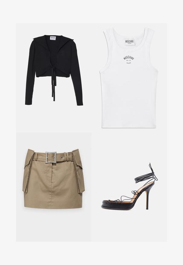 Sort ribbet cropped sweater med lange ærmer, bred krave og frontknude. Har et diskret hjerte-logo på brystet.; Hvid ribbet tanktop med rund halsudskæring og brede skulderstropper. "MOSCHINO JEANS" logoet printet i grå på brystet.; Khaki miniskørt med et bredt bælte, der har en firkantet sølvspænde, sidelommer og en glat, holdbar stofstruktur.; Sort højt hælede sandal med tynde læderremme, der vikles omkring foden og anklen, med en spids stilethælhæl.