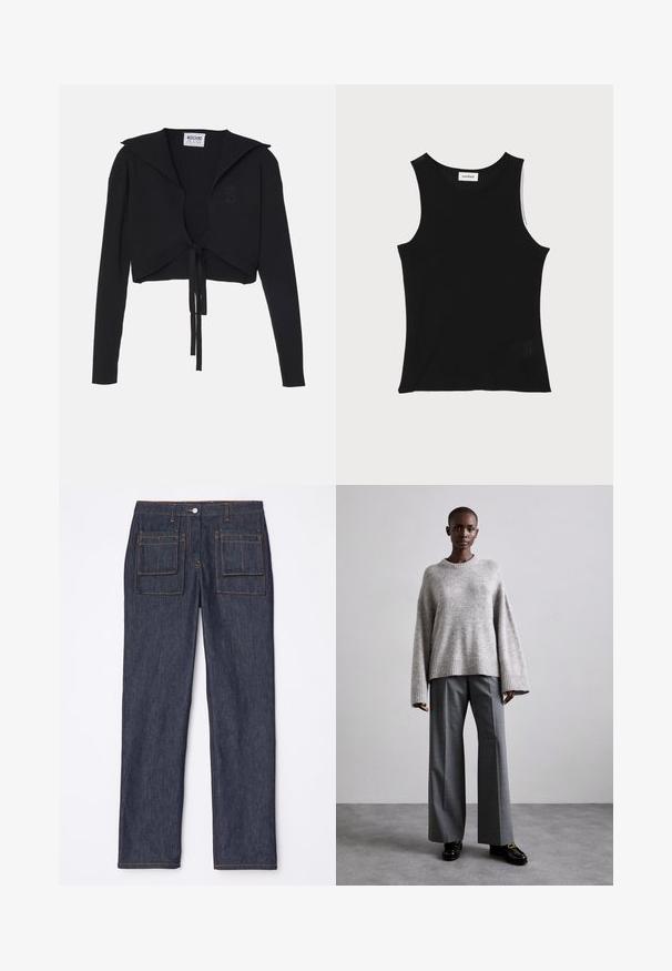 Sort ribbet cropped sweater med lange ærmer, bred krave og frontknude. Har et diskret hjerte-logo på brystet.; Sort ribbet tanktop med rund halsudskæring og brede skulderstropper, med en subtil struktureret finish og en lille mesh-detalje ved kanten.; Mørkeblå denimjeans med lige ben-design, der har to baglommer og kontrasterende orange syninger.; Grå strikket sweater med brede ærmer og ribbet kant, parret med høj-taljede grå bukser med et subtilt ternet mønster og sorte loafers.