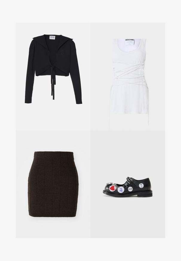 Zwarte geribbelde cropped sweater met lange mouwen, brede kraag en strikdetail aan de voorkant. Bevat een subtiele hartlogo op de borst.; Witte geribde tanktop met kruislingse vetersluiting, met een ronde halslijn en een rechte zoom. Merk: Moschino Couture.; Gebreide donkerbruine minirok met een gestructureerd, geweven patroon en een aangesloten taille. De zoom is geribbeld voor extra detail.; Zwarte leren Mary Jane-schoen met een bandje en gespsluiting, versierd met verschillende ronde stickers in rode, blauwe en witte accenten. Vlakke zool.