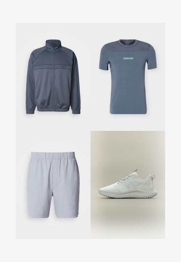 Lynlås sportjakke i mørkegrå stof med ståkrave, ribbede manchetter og brystdetaljer med vandrette linjer.; Herre kortærmet blå atletisk skjorte med mesh øverste panel og "Calvin Klein" logo centreret på brystet foran.; Lysegrå badebukser med elastisk talje, to sidelommer og et glat, letvægtsstof. Ingen synlige mønstre eller udsmykninger.; Hvid lavtop atletiksko med tekstureret sål, snørebånd foran og "cK" logo på siden, vist i profil på en neutral baggrund.