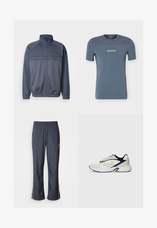 Chaqueta de chándal con cremallera en tejido gris oscuro, que presenta un cuello alto, puños acanalados y detalles en el pecho con líneas horizontales.; Camiseta deportiva para hombre de manga corta en azul con panel superior de malla y logo "Calvin Klein" centrado en el pecho delantero.; Pantalones de chándal ligeros en azul marino con cintura elástica, bolsillos laterales y franjas blancas en los costados. Textura suave.; Zapatilla deportiva en crema y azul marino, con parte superior de malla, suela acolchada y acentos contrastantes. Logo visible en el lateral.