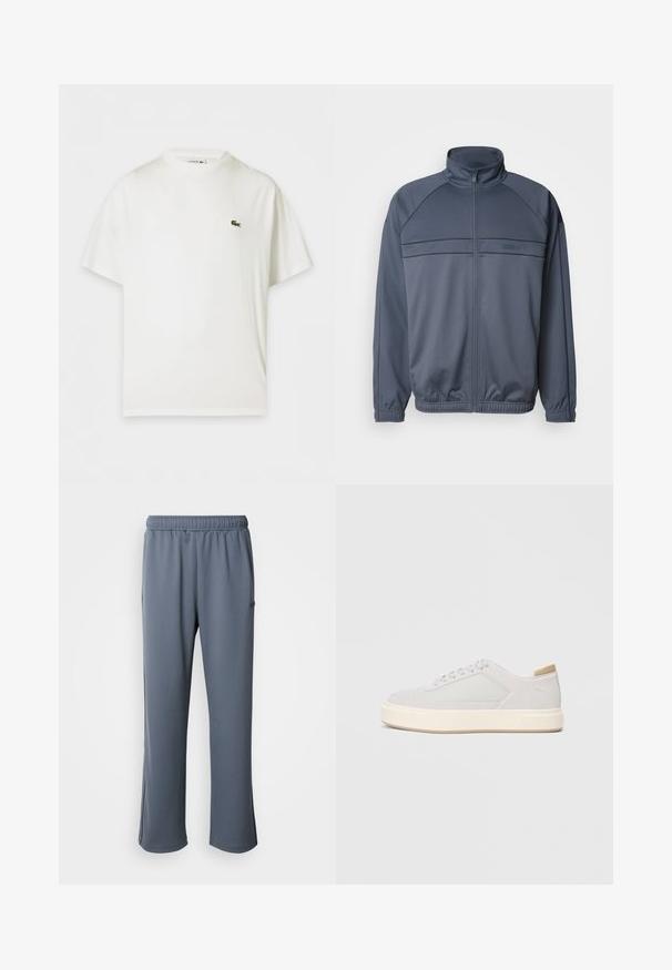 Gepolsterte Trainingsjacke aus dunkelgrauem Stoff mit Stehkragen, gerippten Bündchen und einer Brustdekoration mit horizontalen Linien.; Lacoste T-Shirt basic - white; Grau sweatpants mit einem elastischen Bund, Seitentaschen und einer lockeren Passform. Hergestellt aus weichem Stoff mit einer glatten Textur und ohne sichtbare Muster.; Hellgraue Sneaker mit einer glatten Synthetik-Oberfläche, runder Spitze und einer strukturierten cremefarbenen Zwischensohle. Helle tanfarbene Akzente an der Ferse.