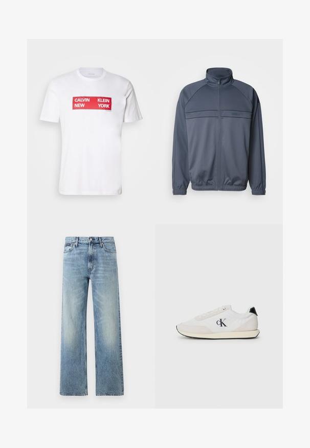 Chaqueta de chándal con cremallera en tejido gris oscuro, que presenta un cuello alto, puños acanalados y detalles en el pecho con líneas horizontales.; Camiseta de algodón blanca con un audaz texto gráfico rectangular rojo: "CALVIN NEW KLEIN YORK." Con mangas cortas y un diseño de cuello redondo.; Vaqueros de mezclilla azul claro de corte recto con cintura alta, cinco bolsillos, cierre de botón y sutil desgaste en los muslos y las rodillas.; Zapatilla blanca con materiales de ante y tela. Presenta un acento negro en el talón, diseño con cordones y un pequeño logotipo negro en el lateral.