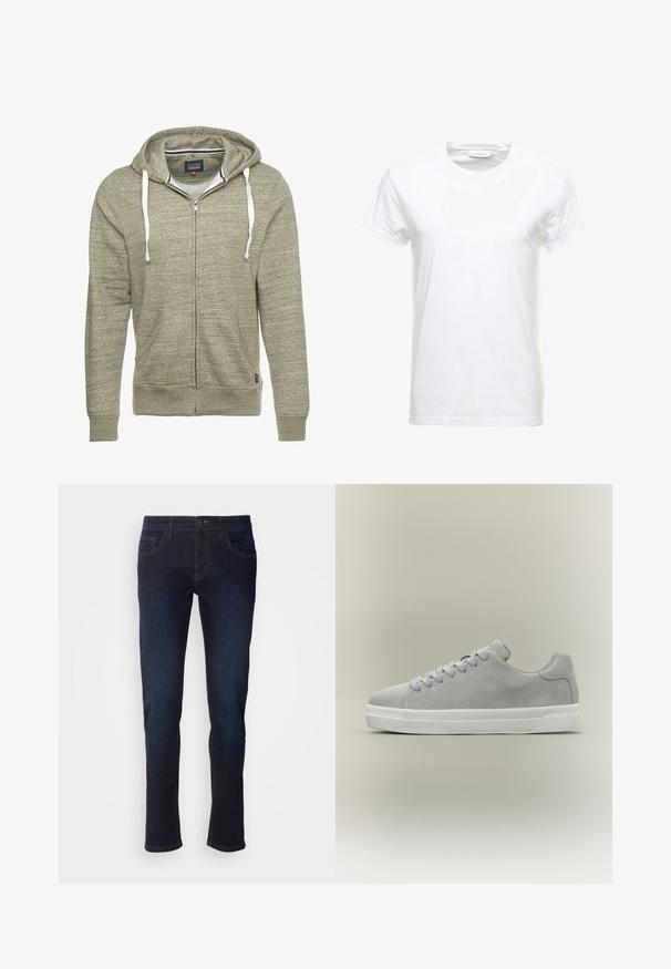Lichtgrijze rits-hoodie gemaakt van gestructureerde stof. Voorzien van een trekkoordkap, twee voorzakken en ribgebreide manchetten. Merklabel zichtbaar aan de binnenkant.; Witte katoenen T-shirt met korte mouwen, ronde halsontwerp en een gladde textuur. Label zichtbaar bij de halslijn. Eenvoudige en klassieke stijl.; Donkerblauwe denim jeans met een rechte pijp, voorzien van voorzakken, een ritssluiting en subtiele stikdetails.; Lichtgrijze suède sneaker met witte rubberen zool en grijze veters, zijaanzicht op een neutrale achtergrond.