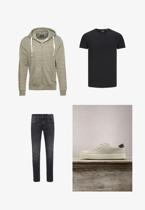 Haut de hoodie zippé gris clair en tissu texturé. Il présente une capuche avec cordon de serrage, deux poches avant et des poignets côtelés. Étiquette de marque visible à l'intérieur.; T-shirt en coton noir avec un col rond, des manches courtes et un design simple. Texture lisse, sans motifs ni éléments visibles.; Jean slim fit homme gris foncé délavé avec poches avant et arrière, fermeture par bouton et passants pour ceinture.; Baskets blanches avec semelle texturée et détail noir au talon, flottant au-dessus d'un banc en bois avec de hautes herbes vertes en arrière-plan.