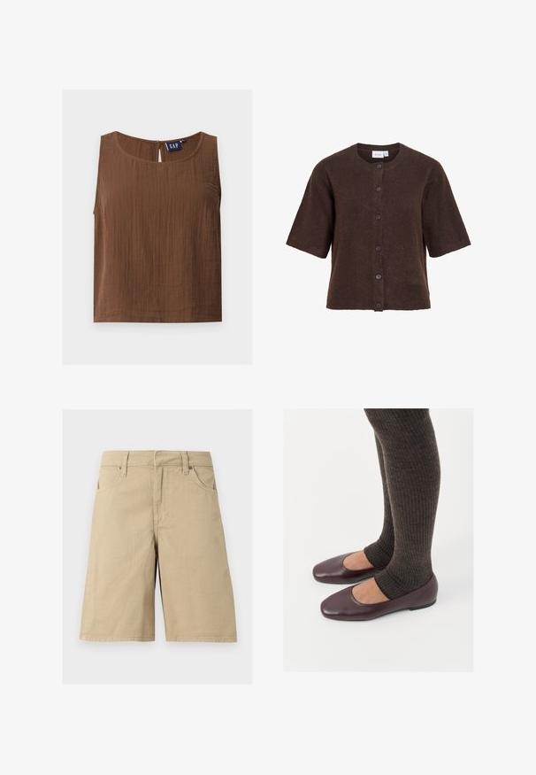 Cardigan marron en laine à manches courtes avec col rond et six boutons devant, marque VILA.; Haut marron sans manches en tissu texturé, col rond et petite fermeture par bouton dans le dos, étiquette de marque GAP à l'intérieur.; Shorts en coton beige longueur genou avec passants de ceinture, poches avant et fermeture éclair sur fond blanc.; Ballerines en cuir verni bourgogne à bout carré, accompagnées de chaussettes en tricot côtelé marron foncé atteignant le molet.