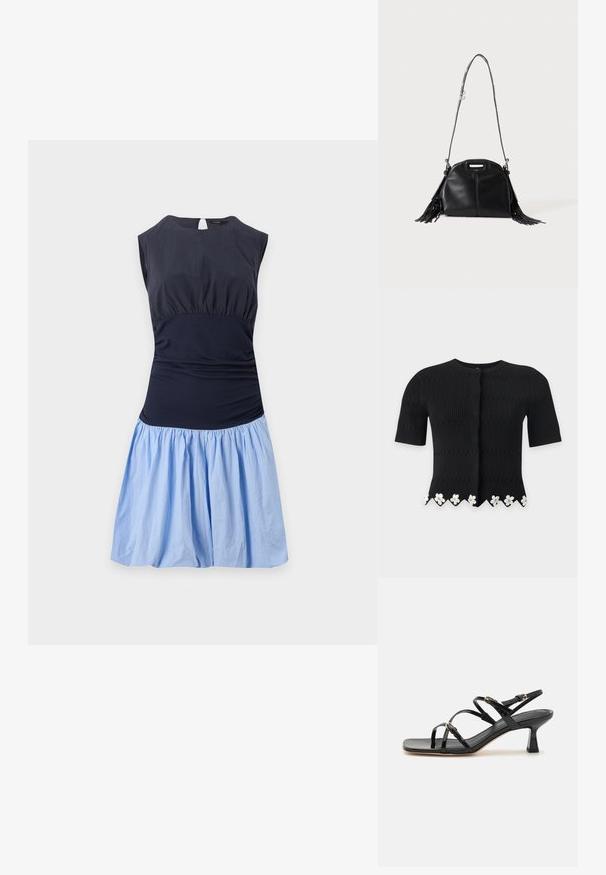 Cardigan noir en maille à manches courtes avec motif texturé et ornements floraux blancs le long de l'ourlet festonné.; Robe sans manches avec un haut bleu marine foncé ajusté et une jupe bleue claire froncée, dotée d'un col rond et d'une fermeture en forme de trou de serrure dans le dos.; Sandales à strapes en cuir verni noir avec un bout carré et un petit talon carré. Présente des accessoires en métal doré et des brides de cheville réglables.; Sac à main en cuir noir avec longue bandoulière, petite poignée supérieure et franges sur les deux côtés, présenté sur un fond uni.
