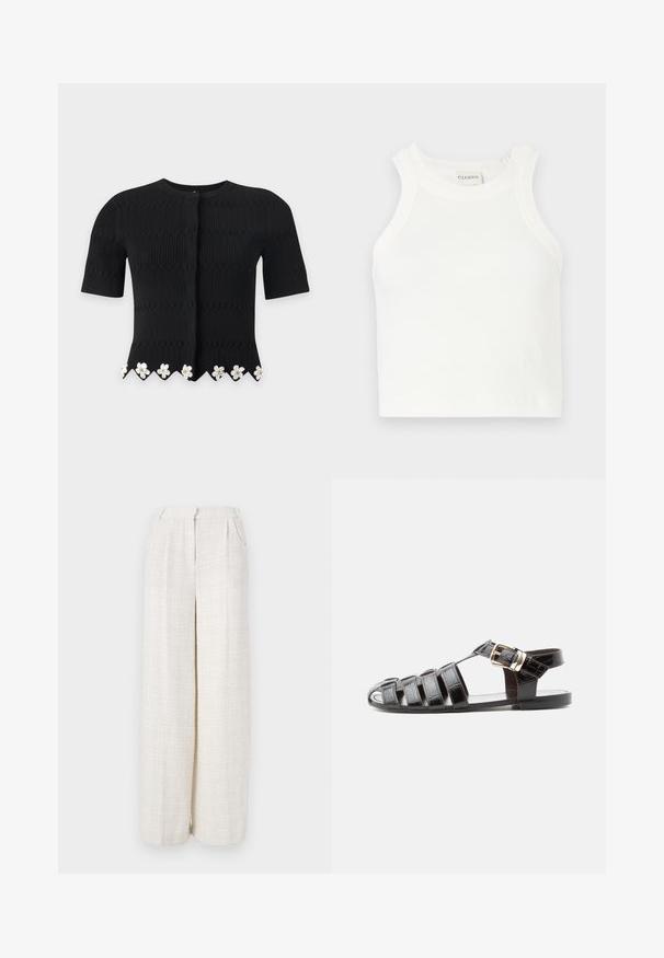Cardigan noir en maille à manches courtes avec motif texturé et ornements floraux blancs le long de l'ourlet festonné.; Débardeur blanc à côtes avec des bretelles larges et une silhouette ajustée. Présente un petit logo en relief près de l'ourlet.; Pantalons larges en tissu beige clair avec un motif tissé texturé. Présentent une taille frontale et pas de fermetures visibles.; Sandale de pêcheur en cuir noir avec bout ouvert, multiples brides et fermeture à boucle dorée sur une semelle plate, vue de profil.