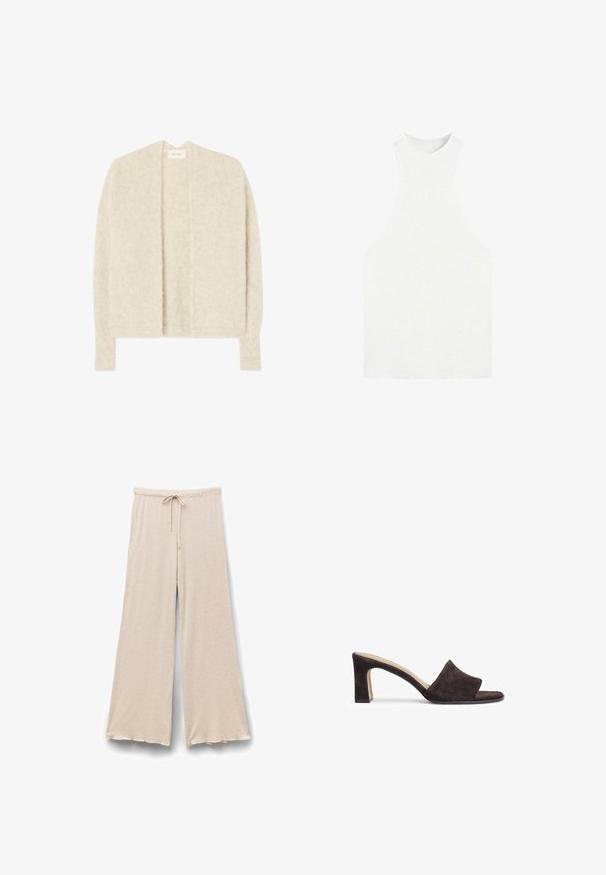 Cardigan à manches longues en doux tissu tricoté texturé crème, avec une ouverture devant et une coupe décontractée et ample.; Haut en maille blanc sans manches avec un col montant et des emmanchures larges, avec une texture côtelée ajustée.; Pantalons amples beiges avec une taille élastique et un lien de serrage à l'avant, fabriqués en tissu doux et léger.; Mule en suède marron avec une large lanière et un embout carré. Présente un talon bloc et une semelle intérieure lisse.