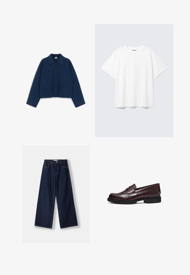 Marineblå langærmet cardigan med knapper og krave samt fem sorte knapper foran, lagt fladt på en hvid baggrund.; Hvid T-shirt med korte ærmer og rund halsudskæring med en afslappet pasform og et "WEEKDAY" mærke på indersiden af nakken bagtil.; Mørkeblå vidde denimjeans med knap- og lynlås foran, forlommer og bæltestropper, lagt fladt på en hvid baggrund.; Timberland Loafers - burgundy