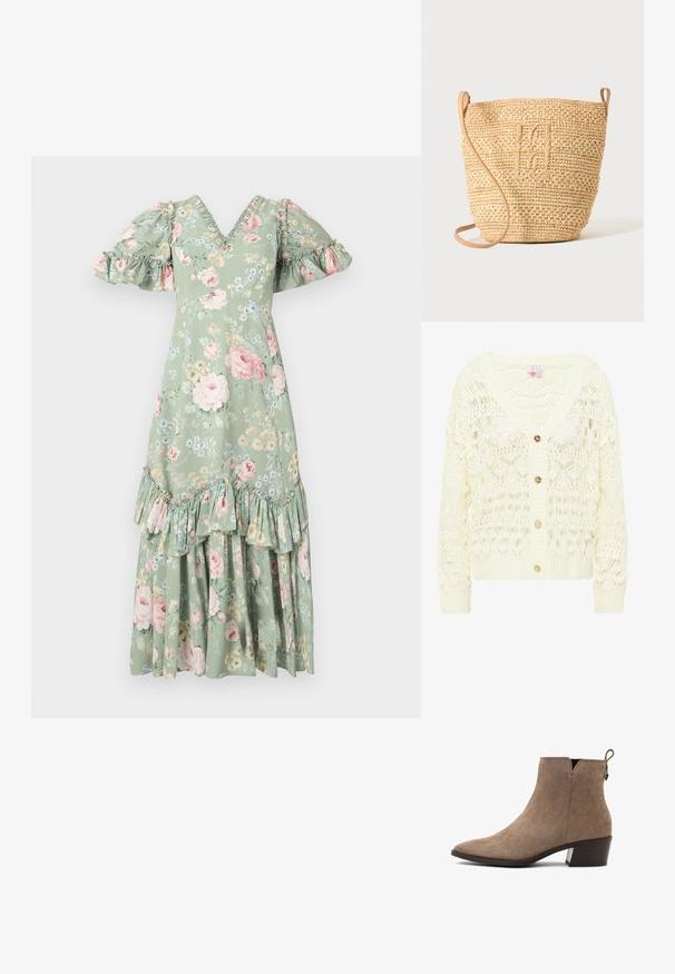 Lys creme hæklede cardigan med V-hals, der har et detaljeret blondermønster og tre guldknapper foran. Blød, struktureret strik.; Blomstret maxi-kjole i blød grøn med V-hals, puf ærmer, flæsedetaljer og et tieret kant. Har pink roser og små blå blomster.; Brune ruskinds ankelstøvler med spids tå, lav blokhæl og en løkke bagpå. Glat tekstur med minimale syninger.; Vævet stråbuckettaske med struktureret mønster og læderrem, vist oprejst på en ensfarvet lys baggrund.