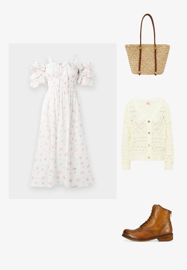 Lys creme hæklede cardigan med V-hals, der har et detaljeret blondermønster og tre guldknapper foran. Blød, struktureret strik.; Hvid blomsterkjole med pink rosetter, smocket liv, skulderfri puffærmer og en svævende silhuet.; Brun læder ankelstøvle med rund tå, snørebånd foran, lynlås i siden og en lav træhælt. Har et diskret præget logo på hælen.; Flettet stråtaske med bred rektangulær form, der har lange fletninger af brunt læder med metalaccenter i guldfarve.