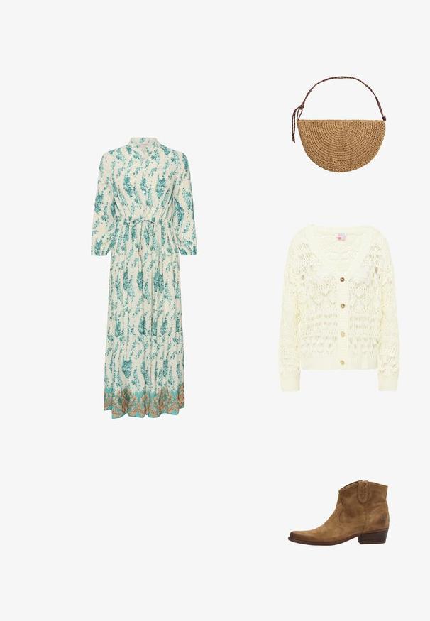 Lys creme hæklede cardigan med V-hals, der har et detaljeret blondermønster og tre guldknapper foran. Blød, struktureret strik.; Lang, let kjole med blomsterprint i teal og hvid. Har en høj krave, lange ærmer og en dekorativ guldkant.; Brune ruskind ankelstøvler med spidse tæer, pyntesyninger og en kort stablet hæl. Sidestræk for nem påtagning.; Halvmåneformet håndtaske af flettet strå med en brun justerbar skulderrem, der er bundet i den ene ende, på hvid baggrund.