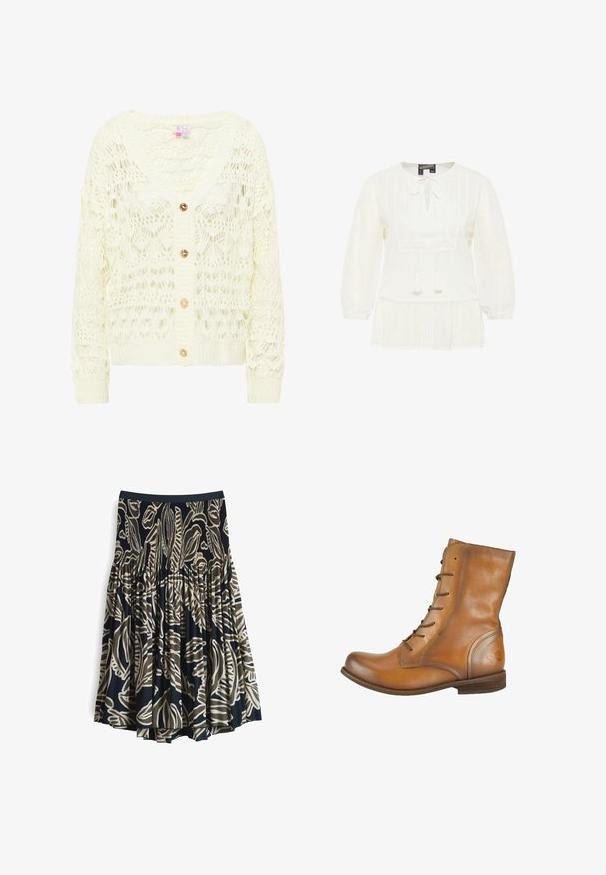 Helle cremefarbene Häkel-Cardigan mit V-Ausschnitt, ausgestattet mit einem detaillierten Spitzenmuster und drei goldenen Knöpfen auf der Vorderseite. Weiches, strukturiertes Strickmaterial.; Weiße Bluse mit langen Ärmeln, Frontbindedetail, strukturiertem Stoff mit Punktmustern und plissiertem Peplumsaum.; Schwingender Rock aus navy-blauem Stoff mit einem auffälligen beigen botanischen Muster. Elastischer Taillenbund und plissiertes Design sorgen für Volumen. Leichte Textur.; Braune Leder-Stiefeletten mit glatter Textur, abgerundeter Spitze, sechs Schnürösen und einem dezenten, geprägten Logo an der Ferse.